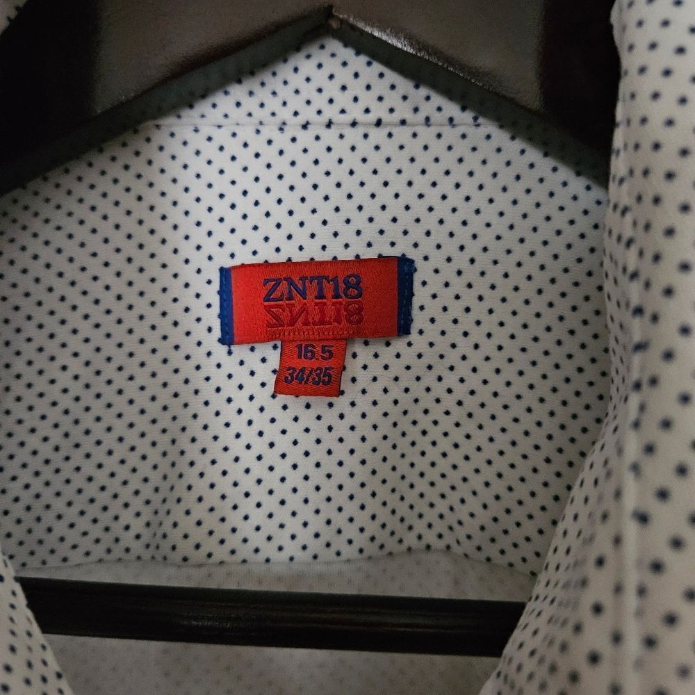 ZNT18 Button Down Shirt White Blue Polka Dot Print Neutral 16.5 34/35 - Picture 8 of 10